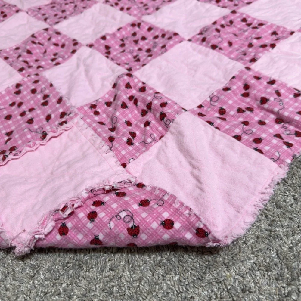 Handmade Baby Girls‎ Cotton Quilt Pink Ladybug Gingham Patchwork Nursery Blanket